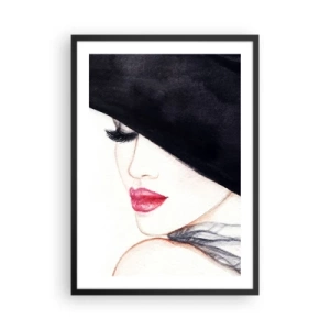 Pôster com moldura preta - Retrato de uma mulher com chapéu preto e lábios vermelhos - 50x70cm - Elegância e sensualidade - Decoração de parede moderna para a sala de estar e quarto ARTTOR