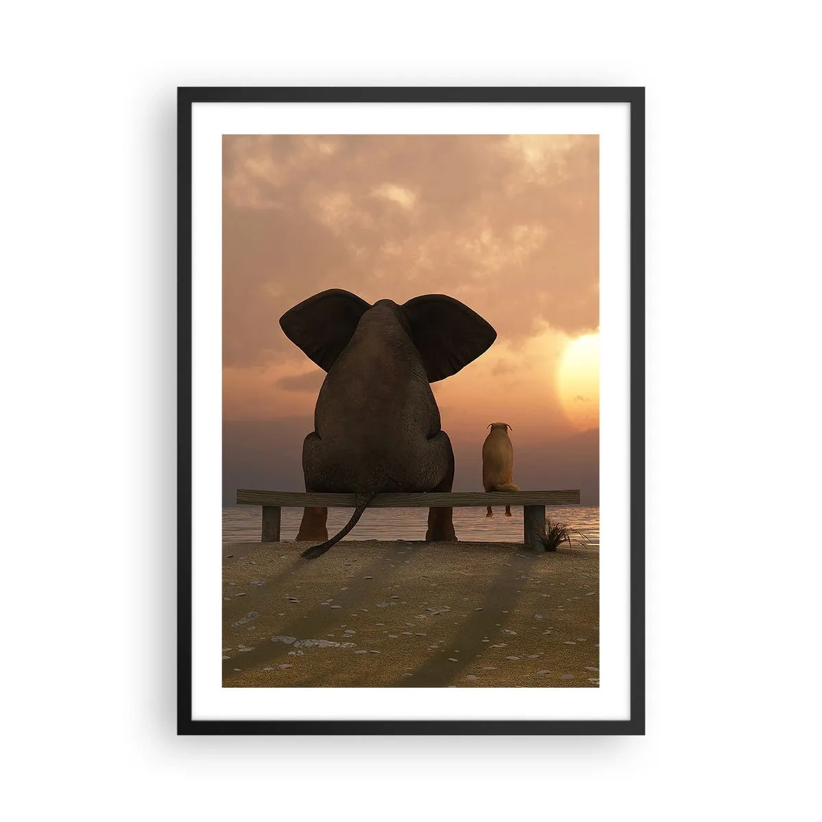Pôster com moldura preta - Elefante e cachorro em um banco ao pôr do sol - 50x70cm - Como é bom ficarmos em silêncio juntos - Decoração de parede moderna para a sala de estar e quarto ARTTOR