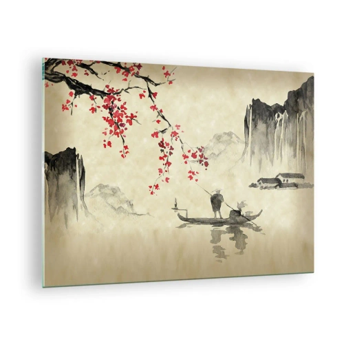 Quadro em vidro - Cena de pesca oriental com galhos de flores de cerejeira e montanhas - 70x50cm - Na terra do sol nascente - Decoração de parede moderna para a sala de estar e quarto ARTTOR