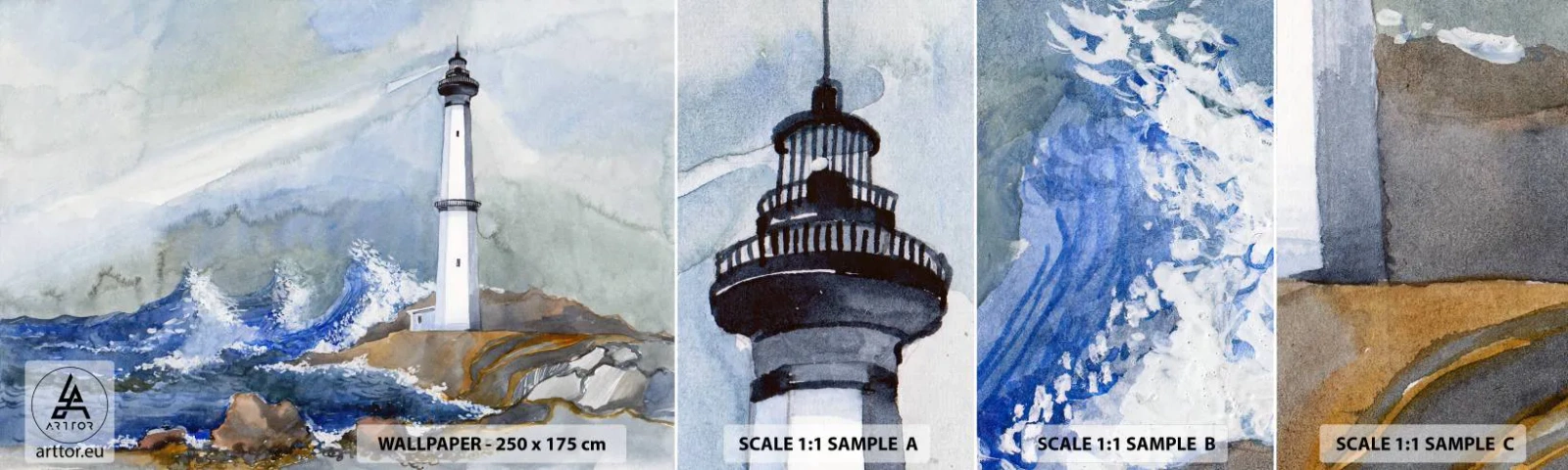 Amostra de Papel de Parede Standard Eco - Contra as trevas e a tempestade - Farol, Paisagem, oceano - 100x30 cm
