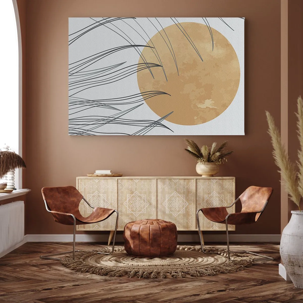 Quadro em tela - Folhas abstratas de grama contra o pano de fundo de um grande sol laranja - 70x50cm - Sempre em direção ao sol - Decoração de parede moderna para a sala de estar e quarto ARTTOR