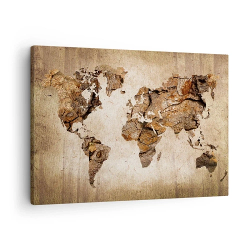 Quadro em tela - Um mapa-múndi em estilo rústico e de madeira - 70x50cm - Descobrindo o o mundo - Decoração de parede moderna para a sala de estar e quarto ARTTOR
