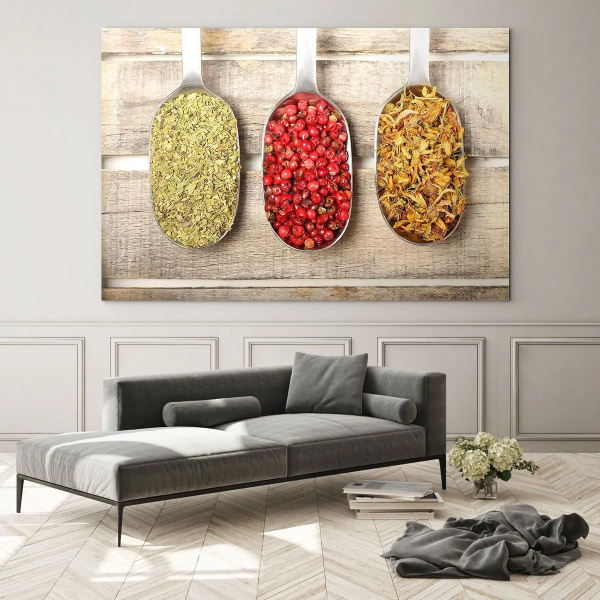 Quadro em vidro - Três colheres com especiarias em um fundo de madeira rústica - 70x50cm - Magia da cozinha - Decoração de parede moderna para a sala de estar e quarto ARTTOR