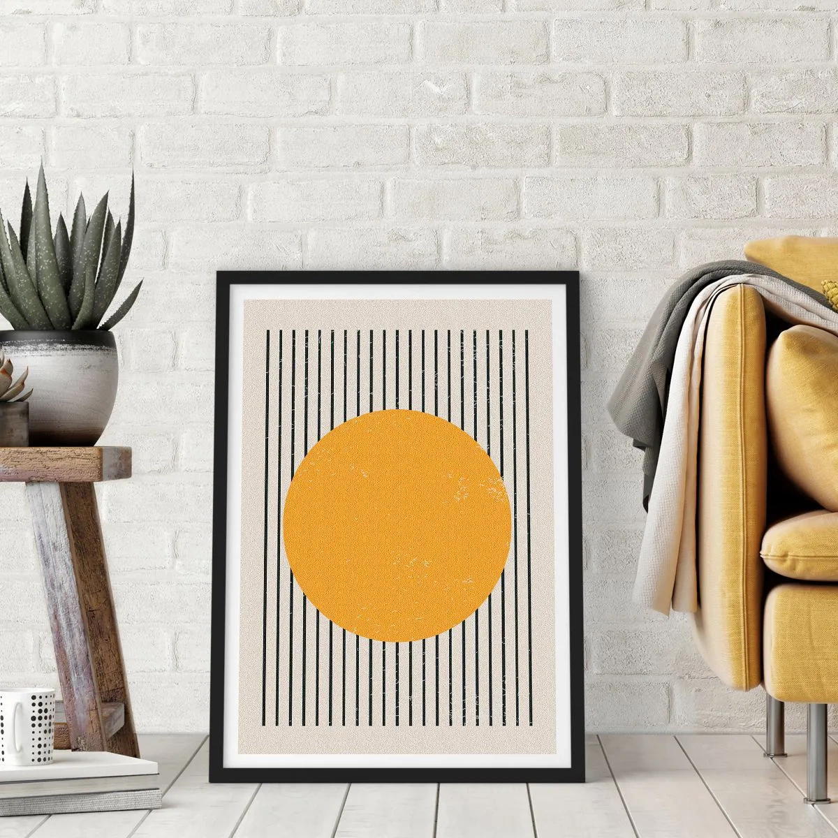 Pôster com moldura preta - Composição geométrica com círculo laranja e linhas - 50x70cm - O poder da simplicidade - Decoração de parede moderna para a sala de estar e quarto ARTTOR