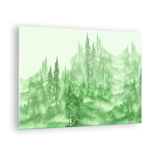 Quadro em vidro - Floresta verde em estilo aquarela - 70x50cm - Desfocado pela névoa verde - Decoração de parede moderna para a sala de estar e quarto ARTTOR