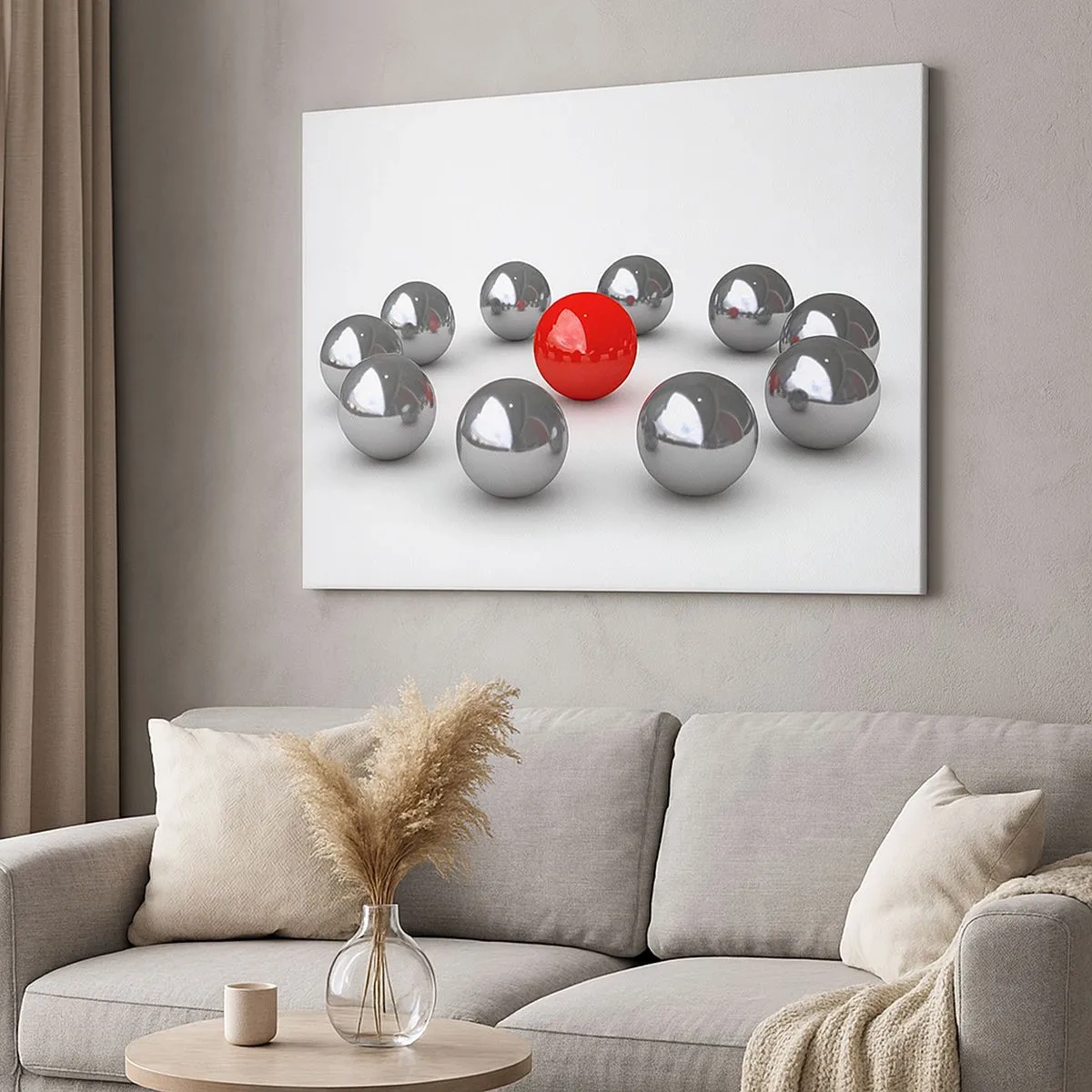 Quadro em tela - Uma bola vermelha cercada por bolas prateadas em um fundo branco - 70x50cm - Círculo em prata e vermelho - Decoração de parede moderna para a sala de estar e quarto ARTTOR