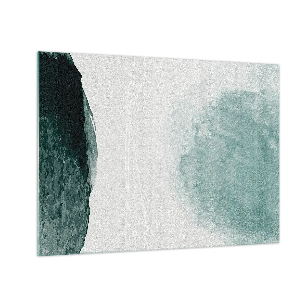 Quadro em vidro - Formas abstratas verdes em um fundo claro que lembra neblina - 70x50cm - Encontro com a neblina - Decoração de parede moderna para a sala de estar e quarto ARTTOR