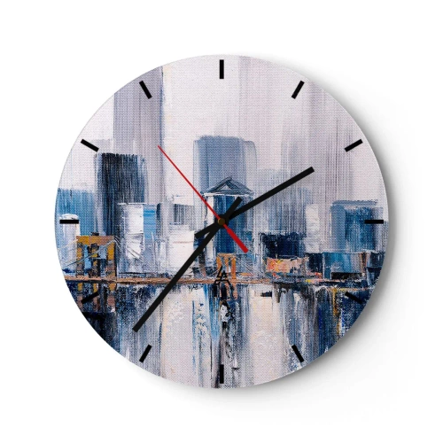 Relógio de parede - Relógio em vidro - Panorama impressionista da cidade com arranha-céus e uma ponte - 30x30cm - Impressão de Nova York - Decoração de parede moderna para a sala de estar, cozinha e quarto ARTTOR
