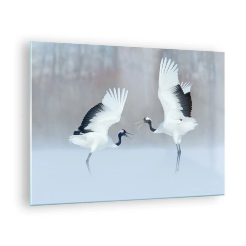 Quadro em vidro - Guindastes dançantes tendo como pano de fundo uma paisagem de inverno - 70x50cm - Dança no nevoeiro - Decoração de parede moderna para a sala de estar e quarto ARTTOR