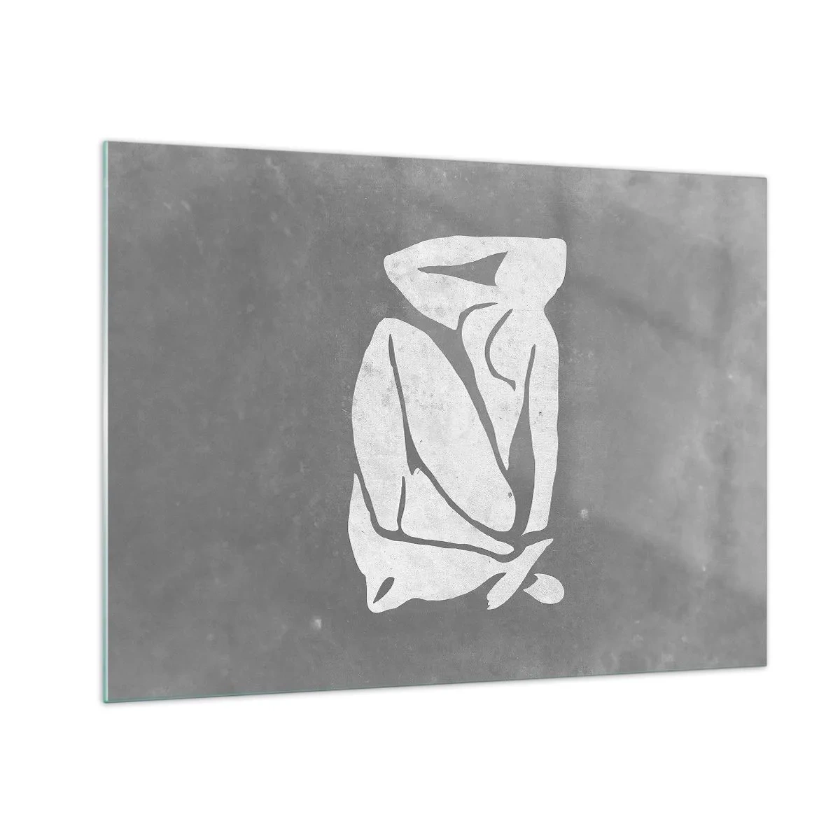 Quadro em vidro - Uma silhueta minimalista de uma mulher em um fundo cinza - 70x50cm - Nos pensamentos - Decoração de parede moderna para a sala de estar e quarto ARTTOR