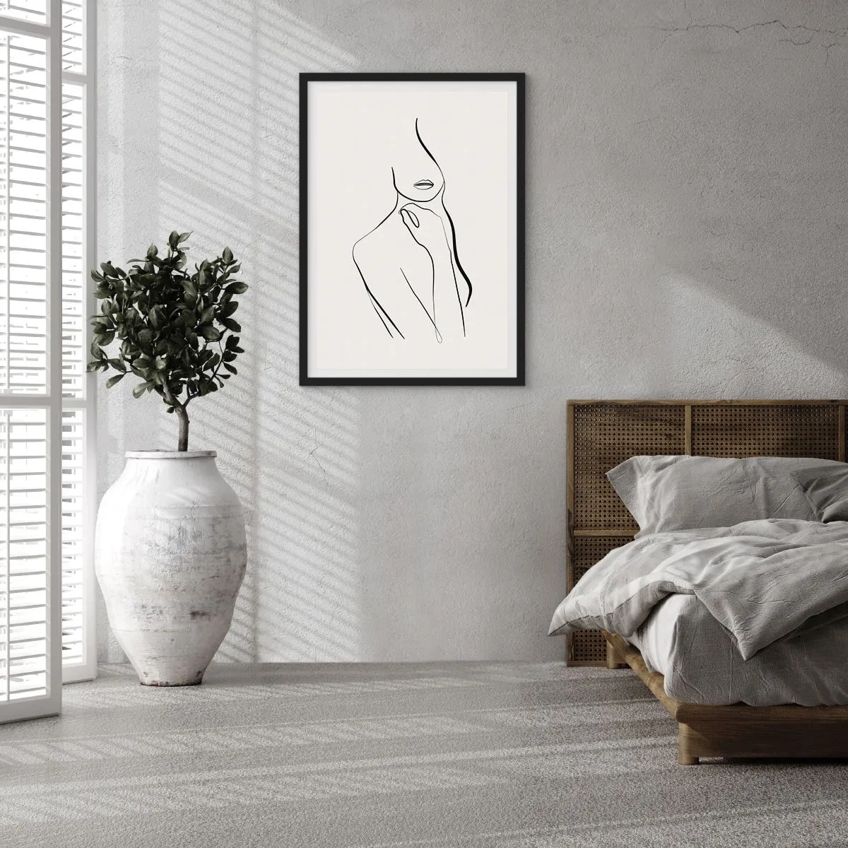 Pôster com moldura preta - Uma linha minimalista de uma silhueta feminina contra um fundo claro - 50x70cm - Uma onda de melancolia - Decoração de parede moderna para a sala de estar e quarto ARTTOR