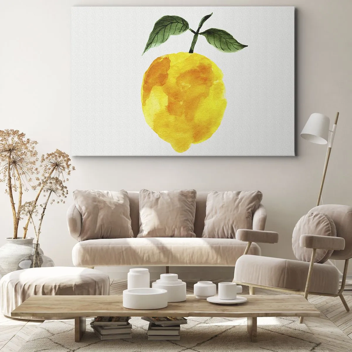 Quadro em tela - Limão em aquarela com folhas verdes em fundo claro - 70x50cm - Como saborear o sol - Decoração de parede moderna para a sala de estar e quarto ARTTOR