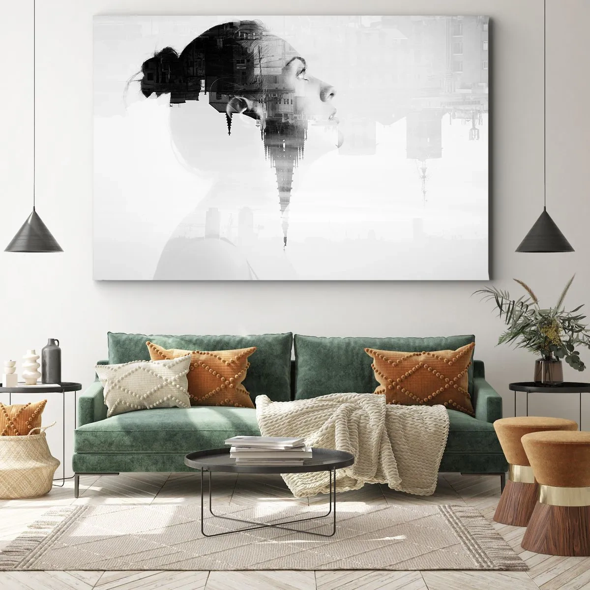 Quadro em tela - Retrato de uma mulher com o contorno de uma cidade ao fundo, cores preto e branco - 70x50cm - Em ambos os lados do vidro - Decoração de parede moderna para a sala de estar e quarto ARTTOR