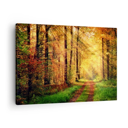 Quadro em tela - Um caminho na floresta cercado por árvores douradas e verdes - 70x50cm - Silêncio dourado da floresta - Decoração de parede moderna para a sala de estar e quarto ARTTOR