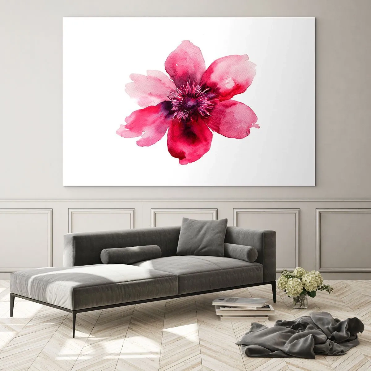 Quadro em vidro - Ilustração em aquarela de uma flor vermelha sobre fundo branco - 70x50cm - Beijo carmim perfumado - Decoração de parede moderna para a sala de estar e quarto ARTTOR