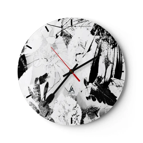 Relógio de parede - Relógio em vidro - Padrão floral e de folhas em preto e branco em estilo artístico - 30x30cm - Outono a preto e branco - Decoração de parede moderna para a sala de estar, cozinha e quarto ARTTOR