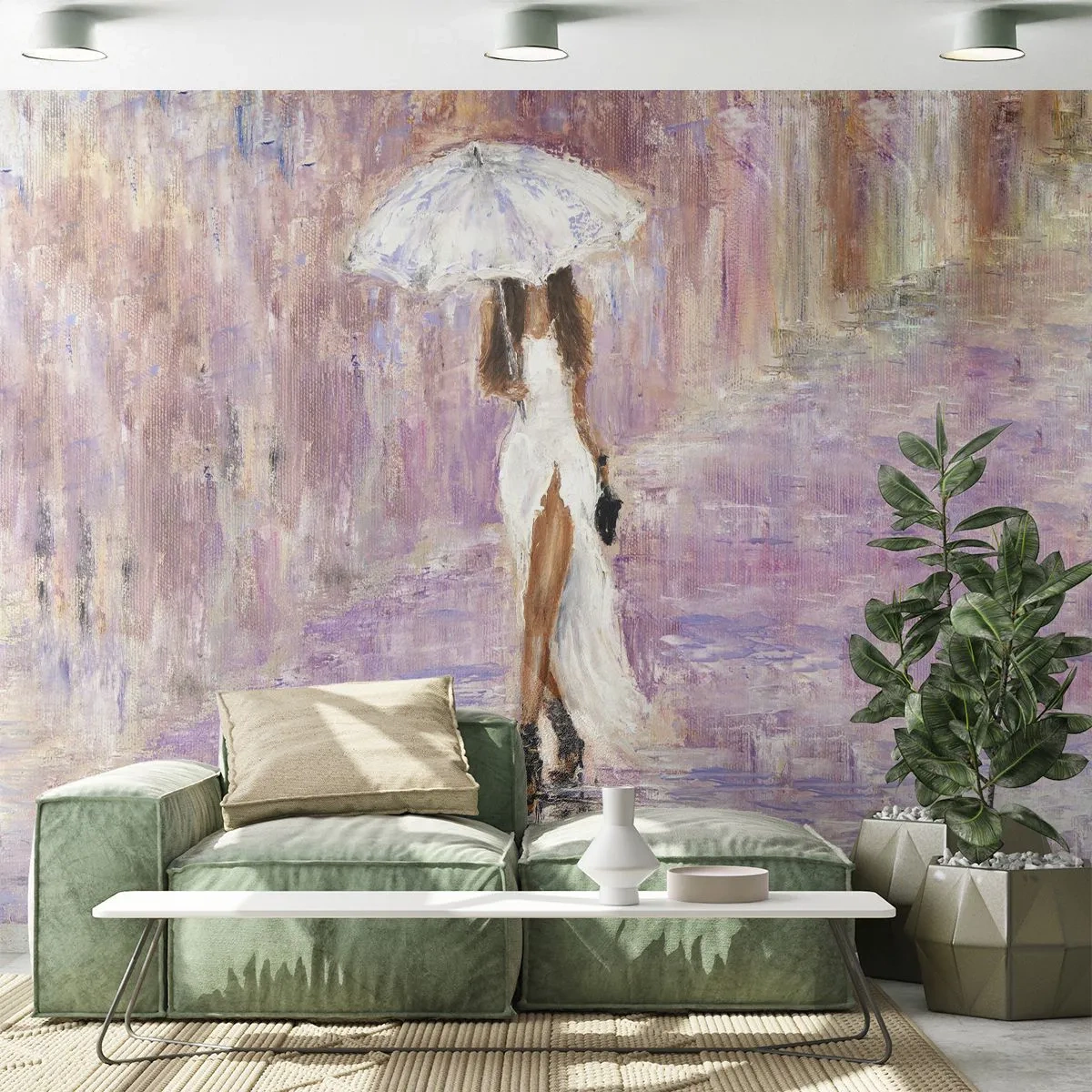 Papel de parede personalizado Premium Canvas - Na chuva lilás - Mulher, Moda, Caminhada na chuva
