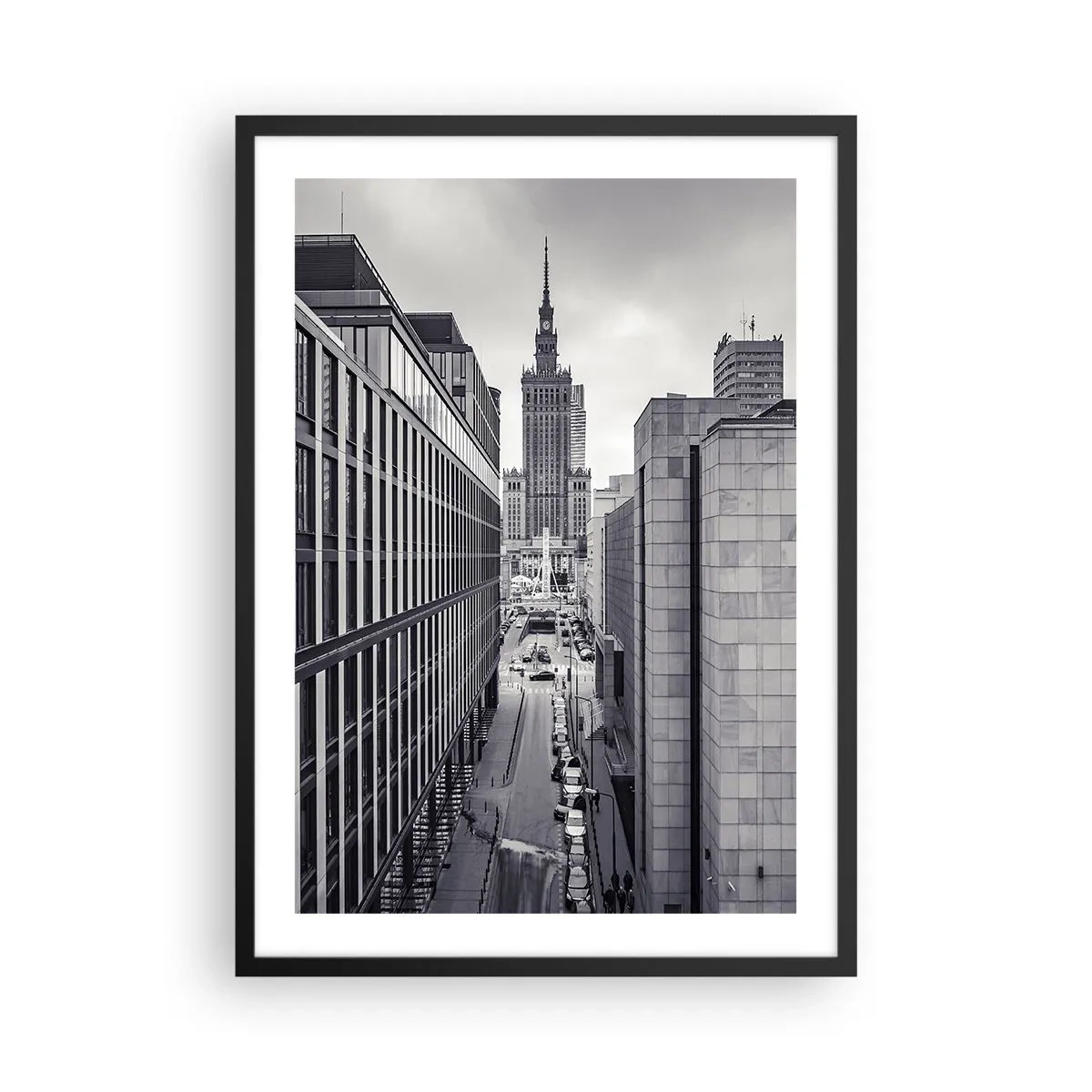 Pôster com moldura preta - Vista do Palácio da Cultura e Ciência em Varsóvia em tons de cinza - 50x70cm - Vale de Varsóvia - Decoração de parede moderna para a sala de estar e quarto ARTTOR