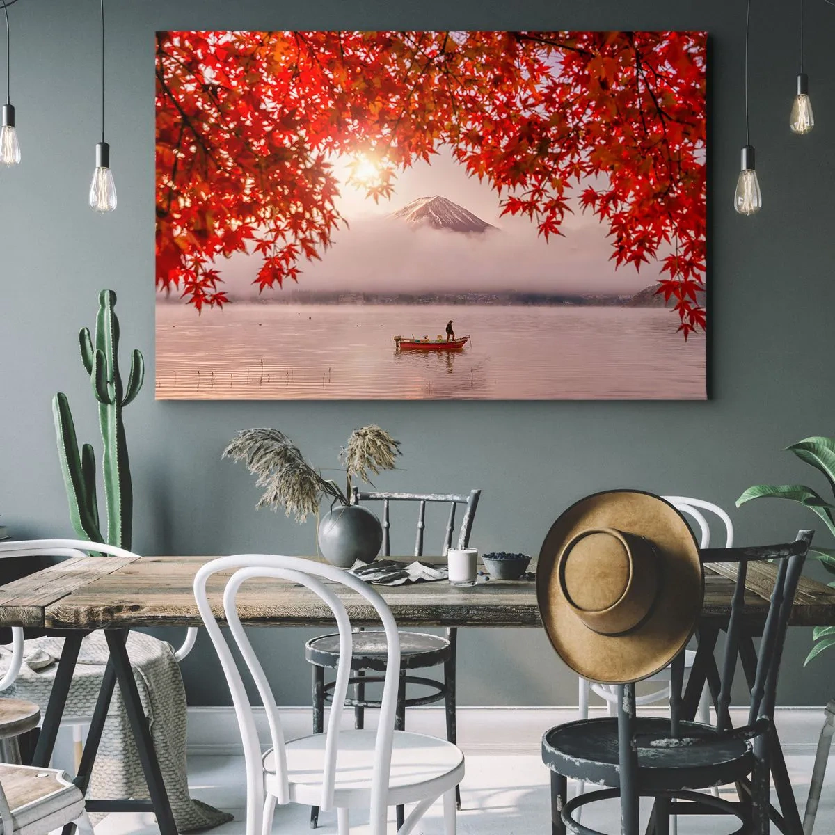 Quadro em tela - Um barco em um lago cercado por folhas de bordo vermelhas - 70x50cm - No clima japonês - Decoração de parede moderna para a sala de estar e quarto ARTTOR