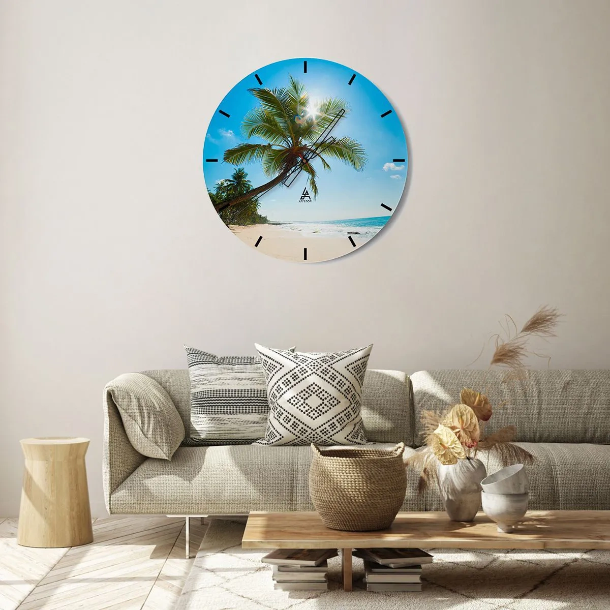 Relógio de parede - Relógio em vidro - Praia tropical com palmeiras e um céu azul iluminado pelo sol - 30x30cm - Não mostre a ninguém - Decoração de parede moderna para a sala de estar, cozinha e quarto ARTTOR