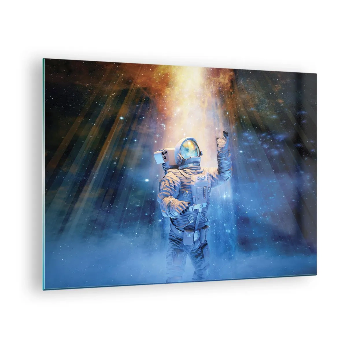 Quadro em vidro - Um astronauta no espaço iluminado por raios de luz - 70x50cm - Finalmente chegamos - Decoração de parede moderna para a sala de estar e quarto ARTTOR