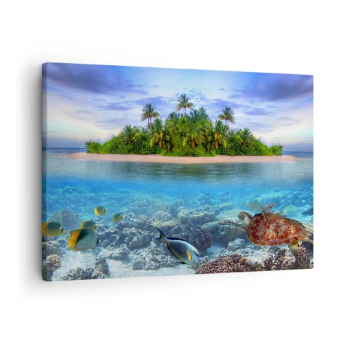 Quadro em tela - Uma ilha tropical cercada por um oceano azul-turquesa com um recife de corais e peixes. - 70x50cm - A Ilha Celestial lhe convida - Decoração de parede moderna para a sala de estar e quarto ARTTOR
