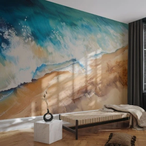 Papel de Parede Standard Eco - Ondas do mar quebrando na areia de uma praia ensolarada - 100x70cm - A onda que retorna - Decoração de parede moderna para a sala de estar e quarto ARTTOR