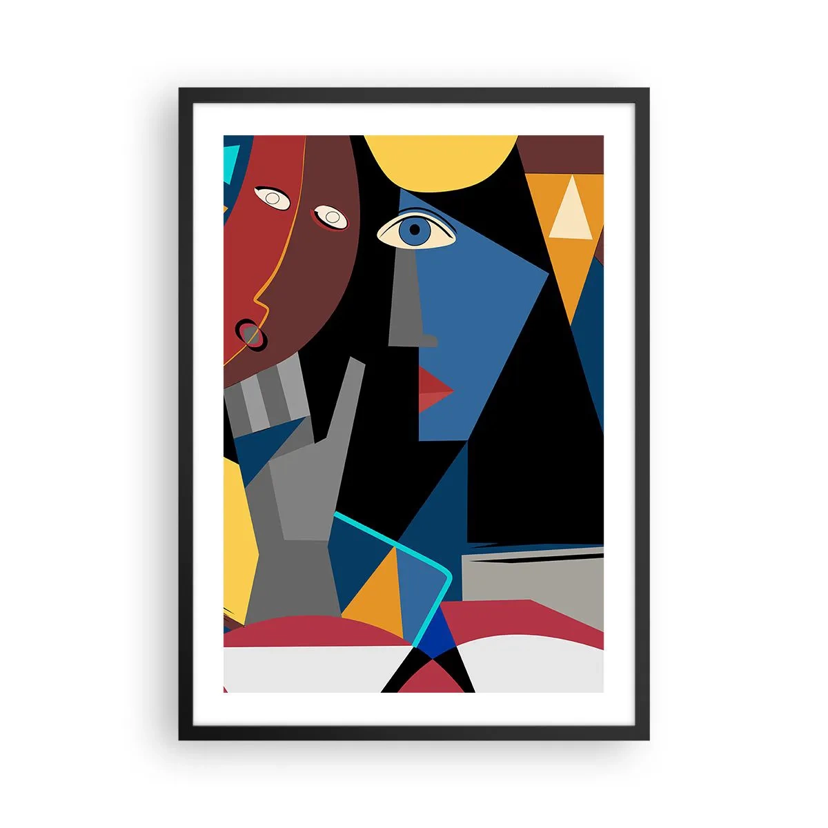 Pôster com moldura preta - Abstração cubista de um rosto em cores vivas - 50x70cm - Uma conversa entre cubistas - Decoração de parede moderna para a sala de estar e quarto ARTTOR