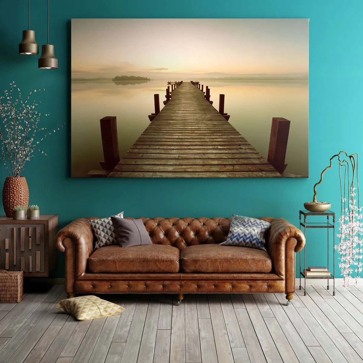 Quadro em tela - Um cais de madeira em um lago calmo pela manhã - 70x50cm - Antes do amanhecer, nascer do sol, luz - Decoração de parede moderna para a sala de estar e quarto ARTTOR