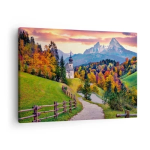 Quadro em tela - Paisagem de montanha de outono com uma capela e pôr do sol - 70x50cm - Paisagem como uma pintura - Decoração de parede moderna para a sala de estar e quarto ARTTOR