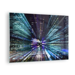 Quadro em vidro - Linhas de luz dinâmicas contra o pano de fundo de uma cidade noturna - 70x50cm - Transição para o hiperespaço - Decoração de parede moderna para a sala de estar e quarto ARTTOR