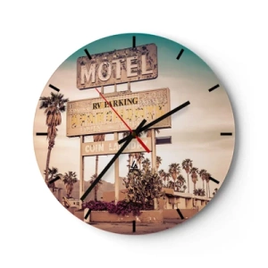 Relógio de parede - Relógio em vidro - Placa de motel retrô com palmeiras ao fundo em uma estrada deserta - 30x30cm - O tempo parou aqui - Decoração de parede moderna para a sala de estar, cozinha e quarto ARTTOR