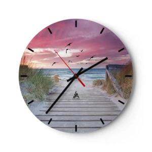 Relógio de parede - Relógio em vidro - Cais de madeira que leva à praia ao pôr do sol - 30x30cm - Impressão do Báltico - Decoração de parede moderna para a sala de estar, cozinha e quarto ARTTOR