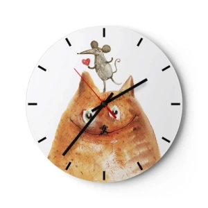 Relógio de parede - Relógio em vidro - Ilustração de um gato e um rato com um coração em estilo humorístico - 30x30cm - Paradoxos do amor - Decoração de parede moderna para a sala de estar, cozinha e quarto ARTTOR