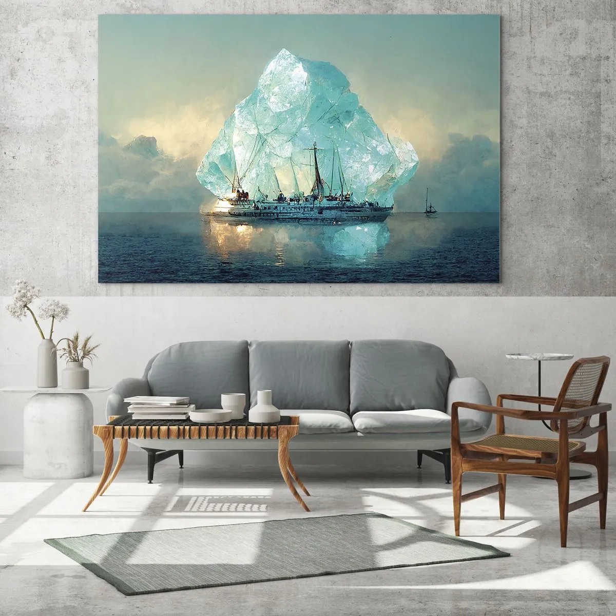 Quadro em vidro - Um veleiro em frente a uma enorme geleira sob a luz do Ártico. - 70x50cm - Diamante Ártico - Decoração de parede moderna para a sala de estar e quarto ARTTOR