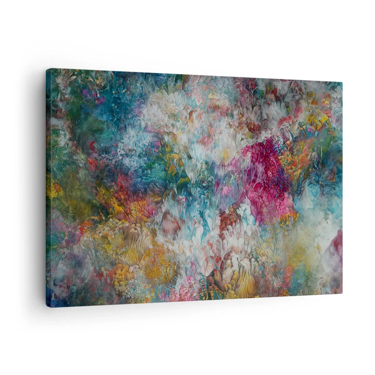 Quadro em tela - Uma abstração colorida que lembra flores desabrochando - 70x50cm - Em plena floração - Decoração de parede moderna para a sala de estar e quarto ARTTOR