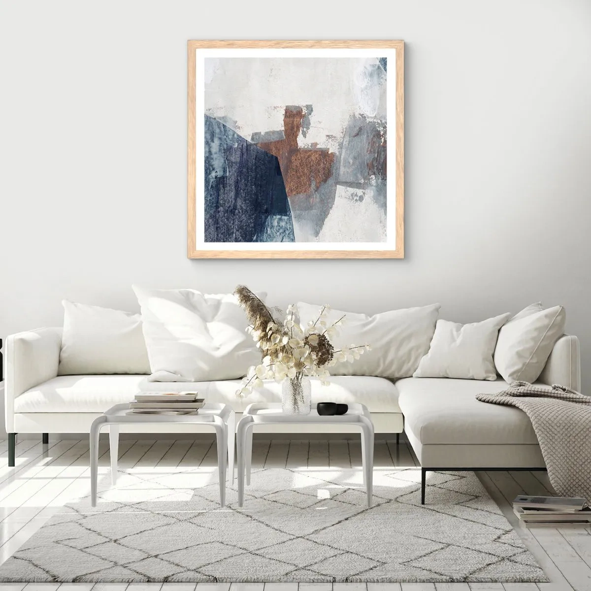 Pôster com moldura de carvalho claro - Formas azuis e marrons - 30x30 cm