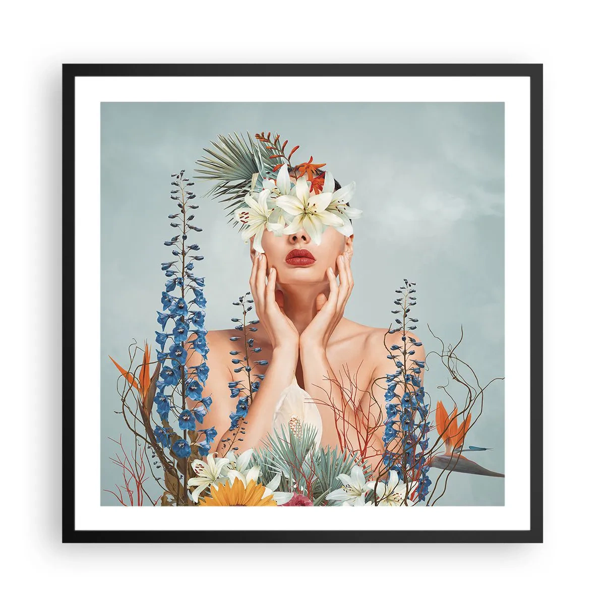 Pôster com moldura preta - Mulher – flor - 60x60 cm