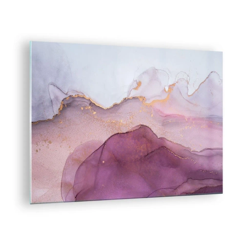 Quadro em vidro - Ondas abstratas em tons de roxo com detalhes dourados - 70x50cm - Ondas de lilás e roxo - Decoração de parede moderna para a sala de estar e quarto ARTTOR