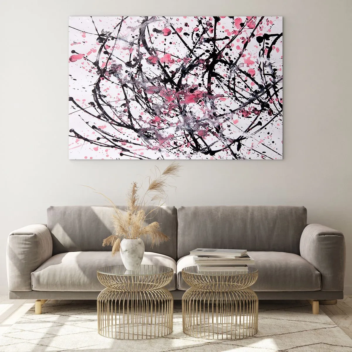 Quadro em vidro - Linhas abstratas dinâmicas e manchas rosa em um fundo branco - 70x50cm - A natureza fugaz da vida - Decoração de parede moderna para a sala de estar e quarto ARTTOR