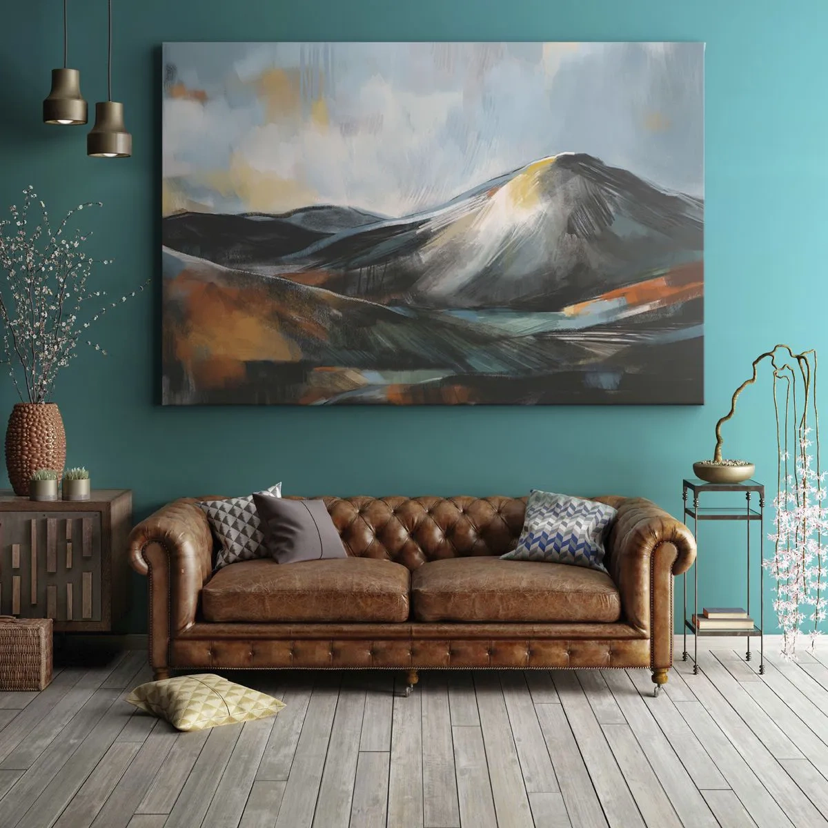 Quadro em tela - Paisagem montanhosa abstrata em tons quentes - 70x50cm - Cru e lindo - Decoração de parede moderna para a sala de estar e quarto ARTTOR