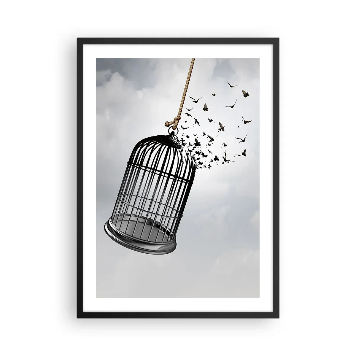 Pôster com moldura preta - Pássaros voando para fora de uma gaiola aberta contra um fundo de nuvens - 50x70cm - Fé... Esperança... Liberdade! - Decoração de parede moderna para a sala de estar e quarto ARTTOR