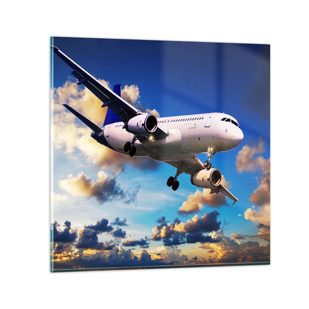 Quadro em vidro - Viagem em branco e azul - 30x30 cm