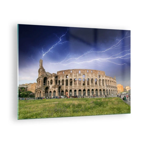 Quadro em vidro - O Coliseu em Roma durante uma tempestade com raios - 70x50cm - Arena de combate - Decoração de parede moderna para a sala de estar e quarto ARTTOR
