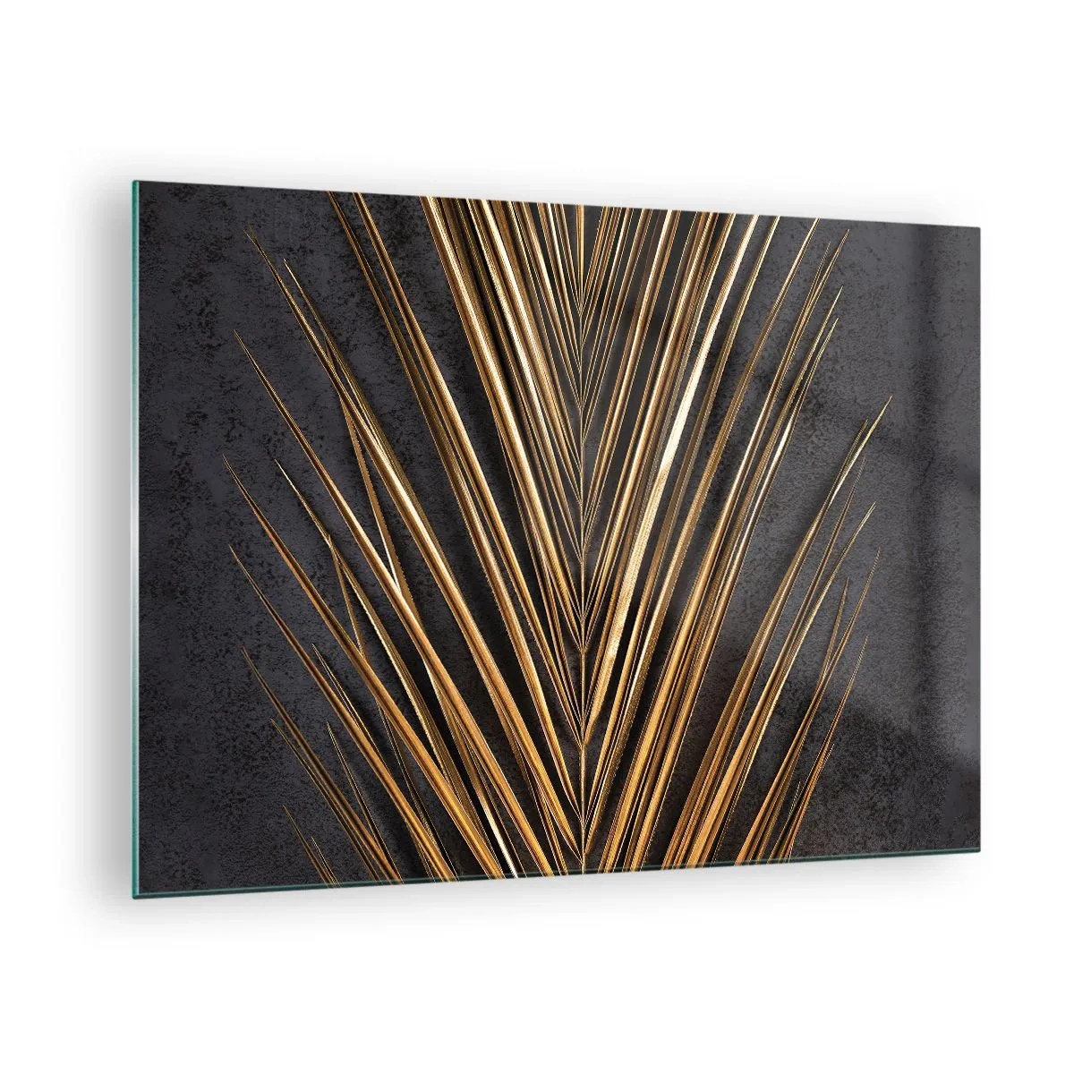 Quadro em vidro - Folha de palmeira dourada sobre fundo escuro - 70x50cm - Ouro dos trópicos - Decoração de parede moderna para a sala de estar e quarto ARTTOR