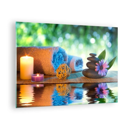 Quadro em vidro - Spa com toalhas, velas e pedras em um cenário natural - 70x50cm - Tempo para o corpo - Decoração de parede moderna para a sala de estar e quarto ARTTOR