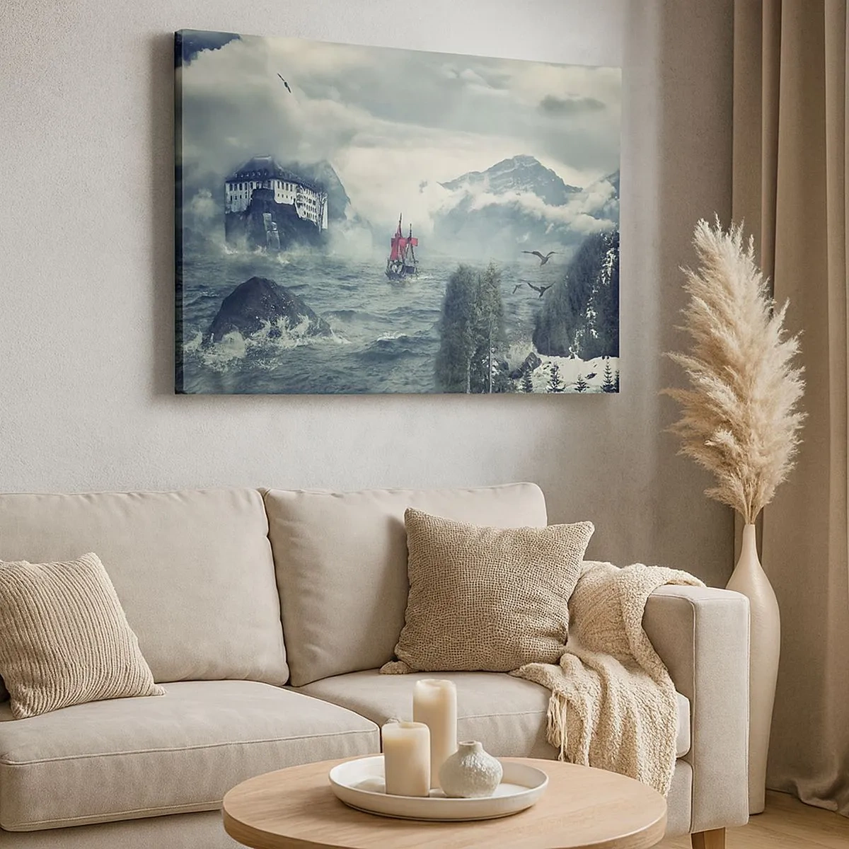 Quadro em tela - Uma paisagem misteriosa com um castelo, montanhas e um navio - 70x50cm - Nas águas mágicas - Decoração de parede moderna para a sala de estar e quarto ARTTOR