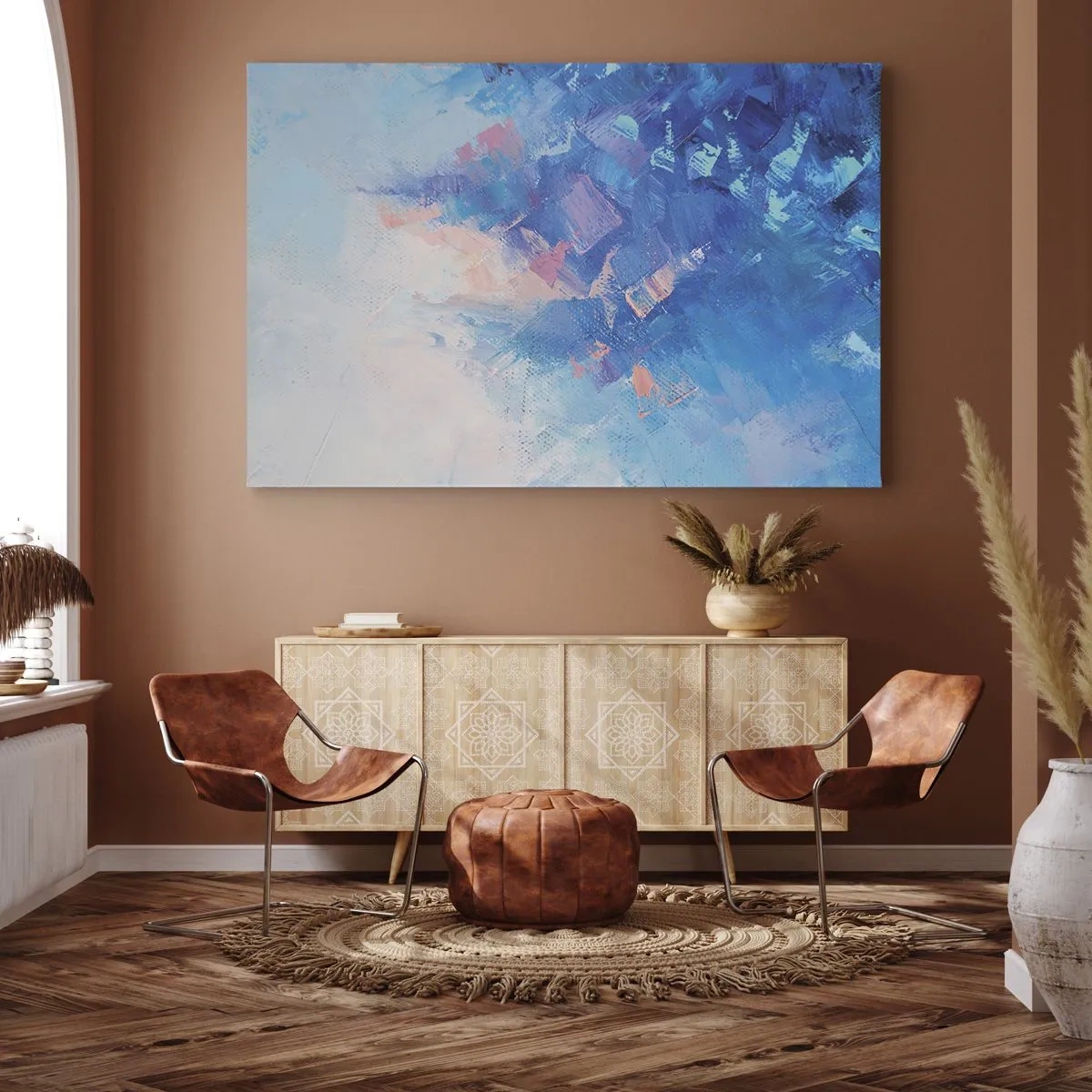 Quadro em tela - Composição abstrata em tons de azul e rosa - 70x50cm - Abstração de inverno - Decoração de parede moderna para a sala de estar e quarto ARTTOR