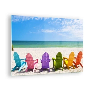Quadro em vidro - Cadeiras coloridas em uma praia de areia com vista para o mar - 70x50cm - Praia do arco-íris - Decoração de parede moderna para a sala de estar e quarto ARTTOR