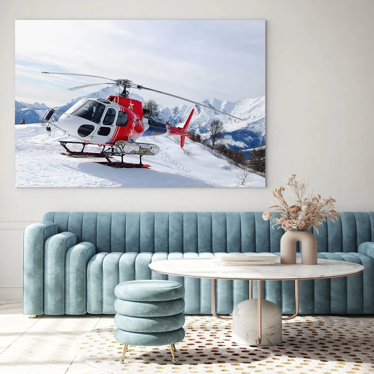 Quadro em vidro - Um helicóptero vermelho em uma paisagem de montanha de inverno - 70x50cm - Sempre pronto - Decoração de parede moderna para a sala de estar e quarto ARTTOR